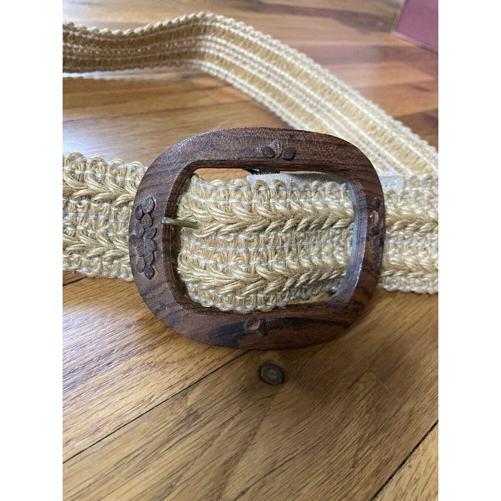 VTG Jute Rope Oval Wooden Carved Engraved Buckle Belt Hippie Boho Natural 38”